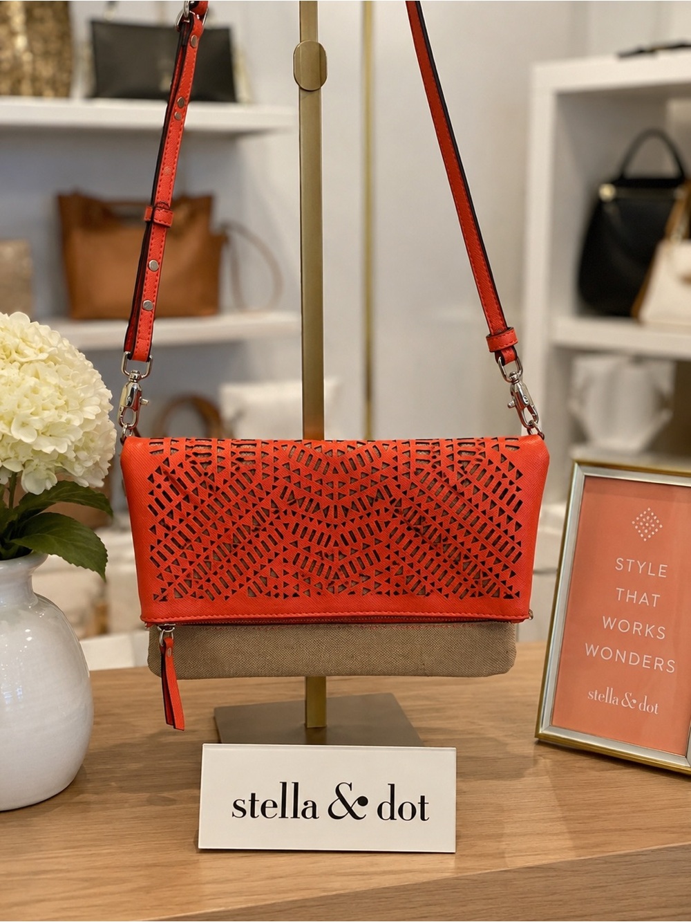 Stella & Dot Waverly Petite 3-in-1 Crossbody Clutch Orange Linen Convertible